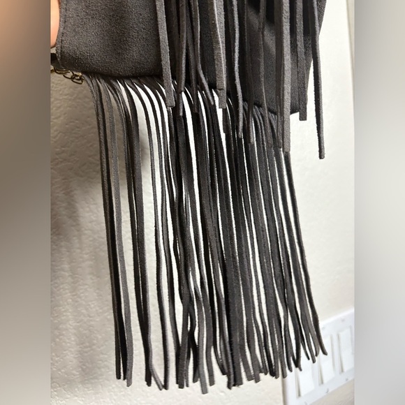 Chic Gray Suede Leather Gold Chain Crossbody Bag with Fringe on Both Sides. - Picture 14 of 15